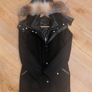 Andrew Marc Black Wool Winter Coat with Leather Accents and Fur Trim
